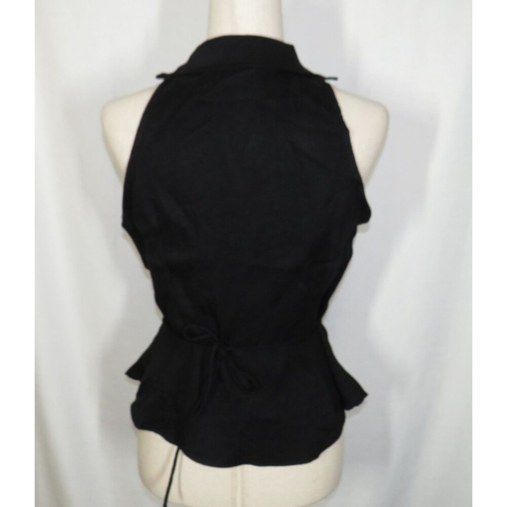 OGL Black Linen Blend Collared V Neck Sleeveless Tie Waist Top Size Small - Picture 9 of 12